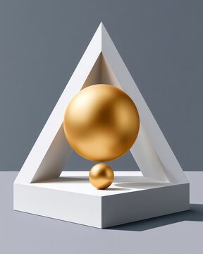Golden spheres on white Penrose triangle pedestal with minimalist geometric design