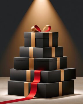 Stacked black gift boxes with red ribbon under spotlight