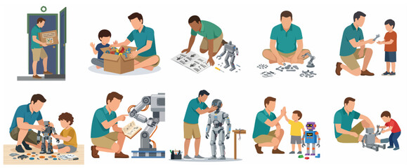 Father and Son Building Robots and Learning STEM Engineering Together Illustration Set