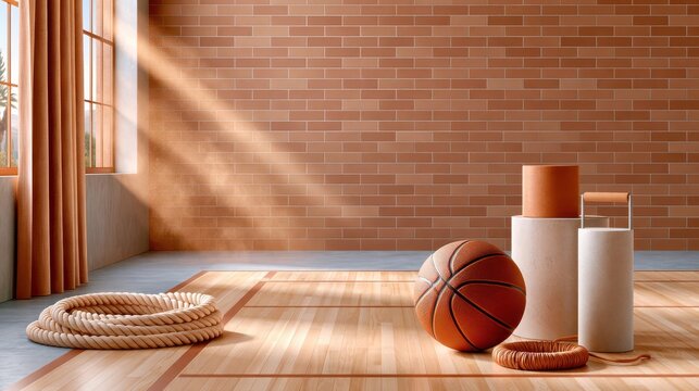 School gymnasium with worn parquet floor basketball and climbing rope
