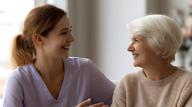 Smiling female caregiver talking to senior woman, happy young nurse and elderly patient at home, geriatric healthcare and companionship