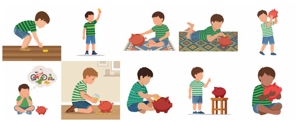 Naklejka premium Set of illustrations of a little boy saving money in a red piggy bank and dreaming of toys