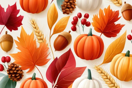 Seamless autumn pattern with pumpkins leaves acorns and berries on cream background