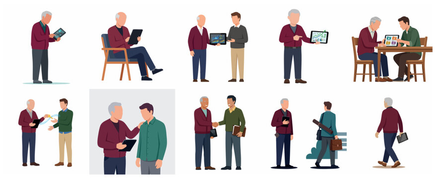 Set of flat vector illustrations featuring a senior man using tablet technology for business analysis, financial planning, and professional mentoring sessions.