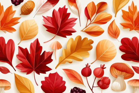 Seamless watercolor autumn pattern with red orange leaves mushrooms berries on cream background