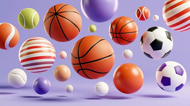 Surreal 3D render of glossy sports balls floating against purple background