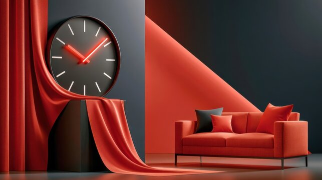 Surreal melting wall clock draped over black pedestal with red fabric in modern room