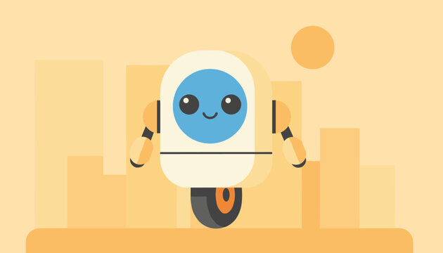 Cute friendly white robot with a blue digital face smiling and moving on one wheel against a warm city skyline backdrop.