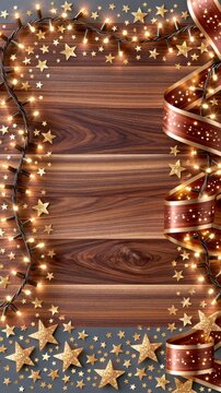 Top down view of dark walnut wood surface framed by golden stars and string lights