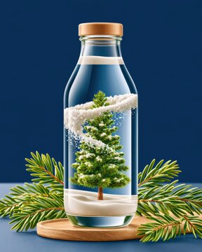 Glass bottle with miniature snow-covered pine tree inside, surrounded by evergreen branches on wooden coaster