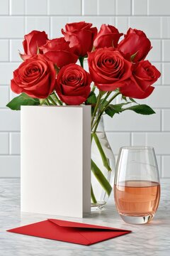 Blank white Valentine card with red roses and rose wine on marble surface