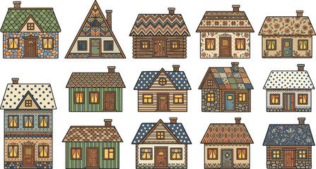 Fototapeta premium Quaint Cottage Icon Set with Patterned Mosaic Roofs Geometric Textures Floral Prints and Warm Lit Windows for Whimsical Village Craft Designs