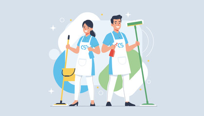 Fototapeta premium Two friendly professional service cleaners posing together with a mop, squeegee, and detergent sprays in uniform.