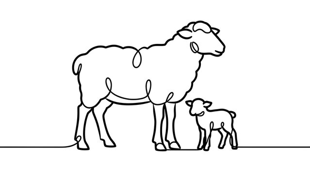 Mother sheep and lamb illustration white background.