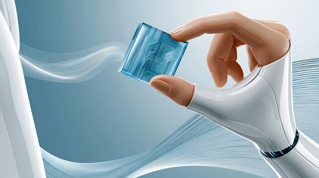 White glossy robotic hand holding translucent blue circuit chip against abstract blue background