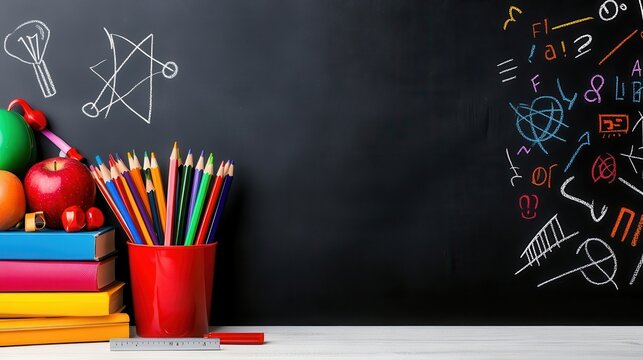 Colorful school supplies on desk with blackboard background featuring chalk drawings and math symbols
