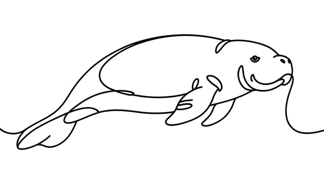 Manatee line drawing illustration white background.