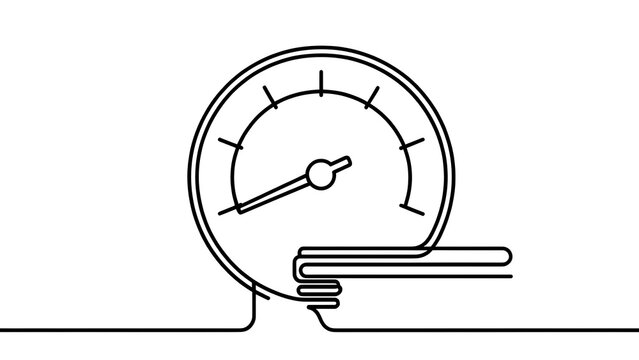 Speedometer gauge line art white background.