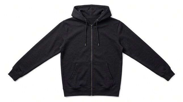 Black zip up hoodie isolated on white. Blank sweatshirt for apparel design mockup.