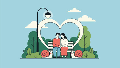 Fototapeta premium Young romantic couple sitting on wooden park bench inside giant heart frame under street lamp with cute snails beside them.