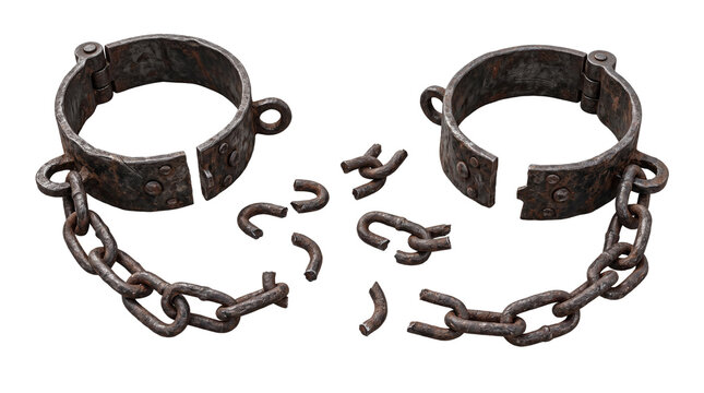 Handcuffs lie broken on the ground to symbolize the achievement of true freedom.