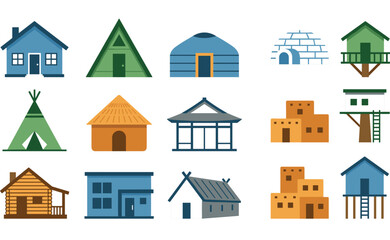 Global Traditional House and Building Icon Set Featuring Yurts, Igloos, Teepees, Treehouses, Log Cabins, and Modern Minimalist Cottages for Graphic Designs © Fahim