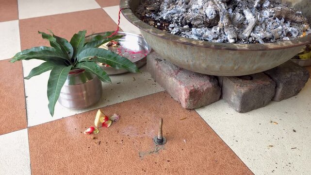 Close up of traditional havan kund fire ritual a close-up view showing the center of a hindu