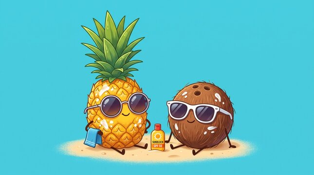Cute pineapple and coconut wearing sunglasses. Tropical fruits relaxing on a sandy beach.
