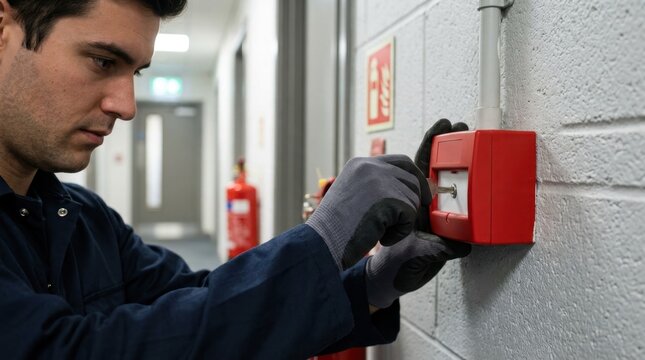 Male technician testing red fire alarm manual call point with key. Close up of worker in uniform and gloves inspecting safety equipment on white brick wall. Building maintenance and fire prevention