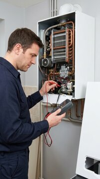Vertical photo of a heating engineer servicing a domestic gas boiler. Male technician using a digital multimeter to test electrical components. Home HVAC maintenance and repair