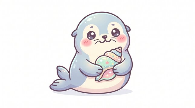 Cute chibi baby seal with soft light blue and cream fur sits on a white background. It has big glossy eyes, rosy cheeks, tiny whiskers, and a gentle smile. The seal hugs a colorful, sparkling seashell