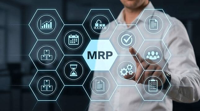 Businessman pointing at MRP material requirements planning interactive grid screen