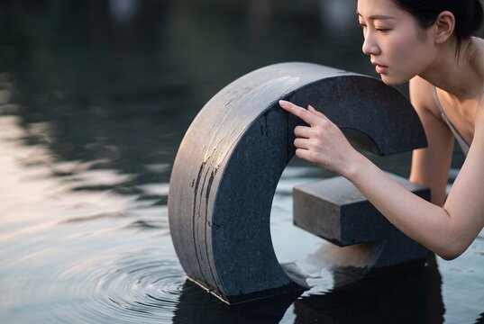 Young Asian woman gently touching a wet stone letter sculpture in a calm outdoor pool during peaceful sunset hours