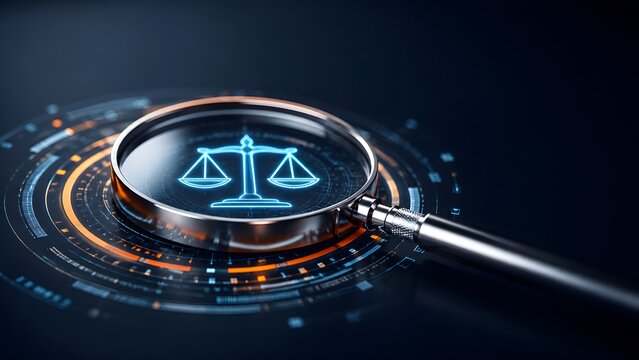 Magnifying glass focusing on futuristic circular dial with blue justice scale. Concept of legal technology, compliance audit, and automated judgment.