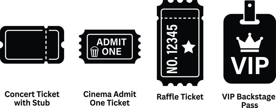Event Ticket and VIP Pass Icons Set with Admit One Raffle and Concert Tickets