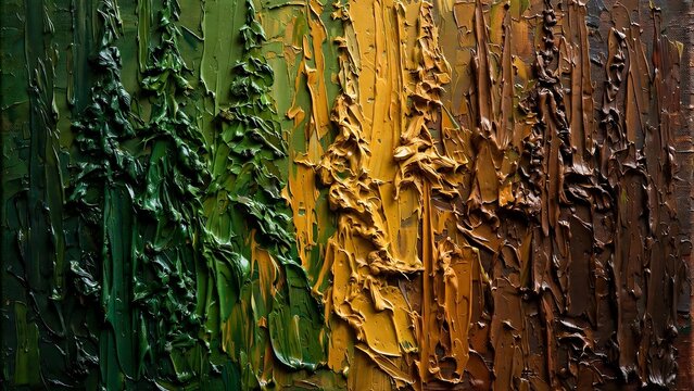 Abstract impasto painting with thick textured oil paint in green, yellow, and brown earth tones creating an organic forest landscape