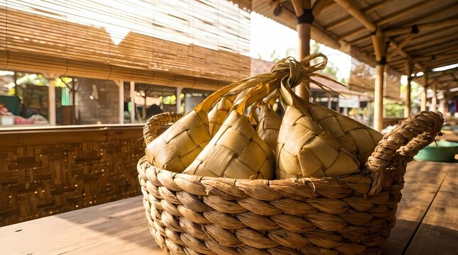 Woven basket filled with traditional ketupat rice cakes.