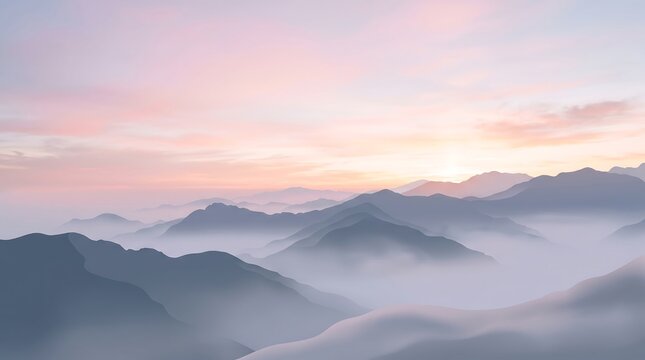 Misty mountain range at sunrise. Aerial view of foggy peaks during a peaceful morning.
