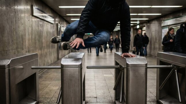 Urban Athlete Jumping Over Subway Turnstiles in Metro Station