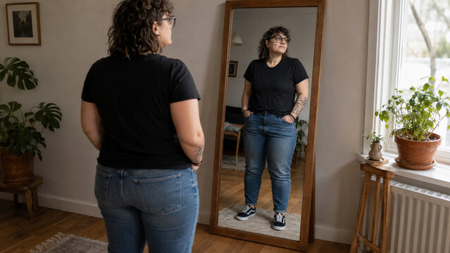 Curvy woman looking at her reflection in a full-length mirror at home. Body image, self-acceptance, confidence, body positivity, personal style and everyday lifestyle concept.
