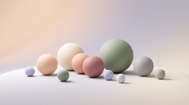 Minimal 3D spheres on soft gradient background. Abstract geometric shapes with pastel colors.