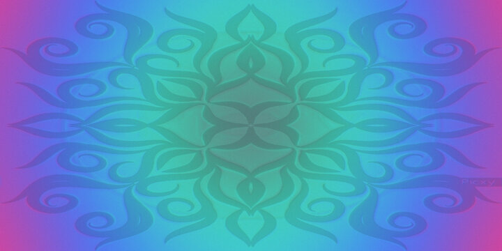 Symmetrical ornate floral pattern in teal and purple gradient light background design.
