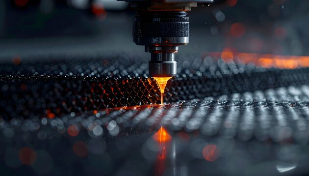 Close-up view of an advanced industrial laser cutting machine meticulously shaping metal, showcasing the precision and automation of modern manufacturing technology in a high-tech factory environment