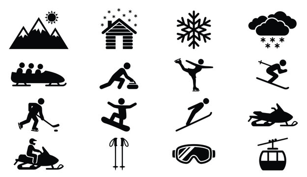  Winter Sports Icons Vector Illustrations for Skiing, Snowboarding, and Cold Weather Activities