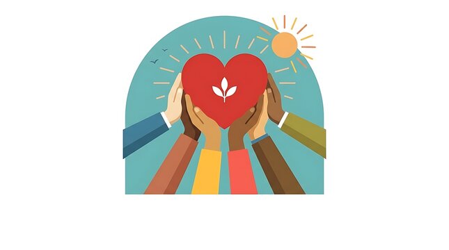 A theme of compassion and unity, contemporary flat vector design, minimal text, and helping hands raising a heart