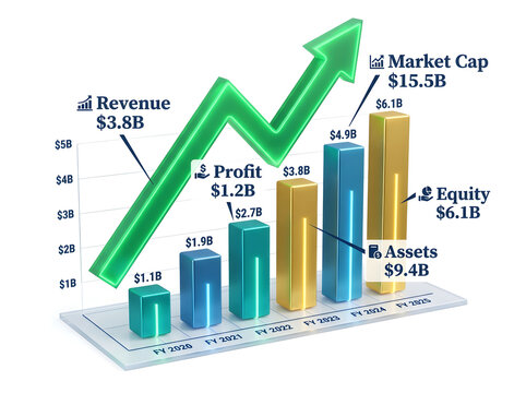 Business growth chart with revenue profit assets equity market cap isolated on white background
