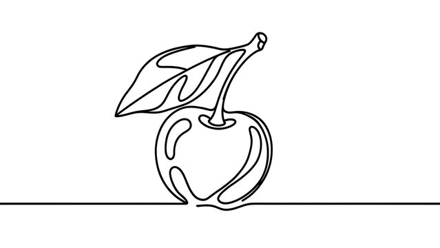 Minimalist line art cherry with leaf white background.