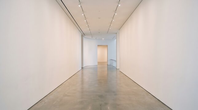 Empty art gallery hallway. Modern museum corridor with white walls and polished floors.