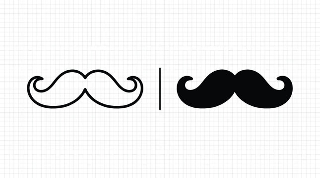 Vintage gentleman mustache vector icon set featuring linear outline and solid silhouette comparison layout