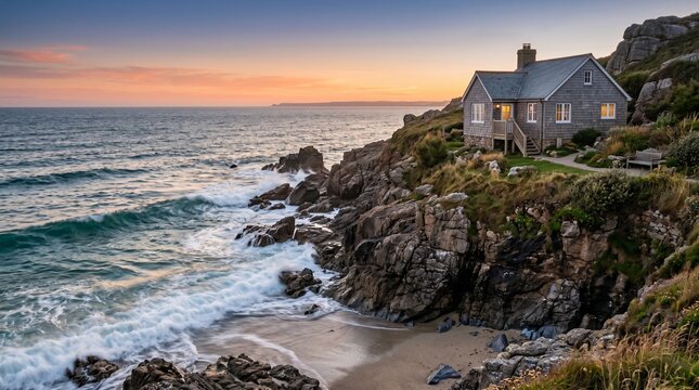 Secluded coastal cottage on a rocky cliff overlooking the ocean at sunset with crashing waves